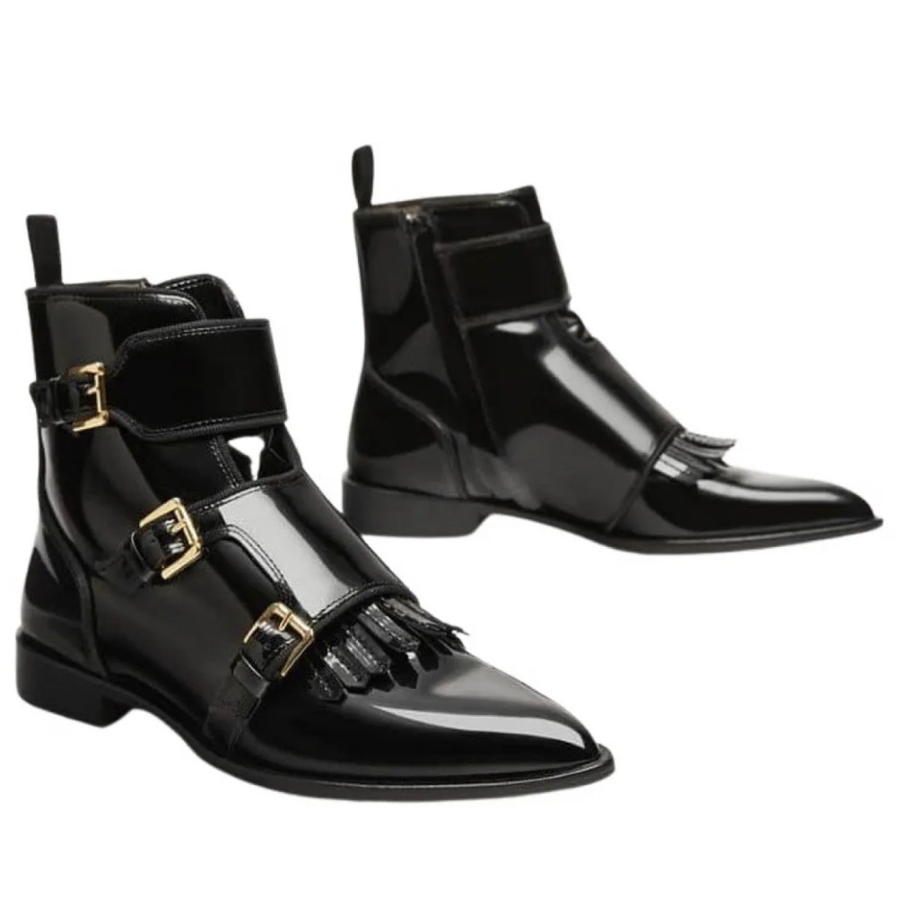 Massimo Dutti patent leather buckled ankle booties